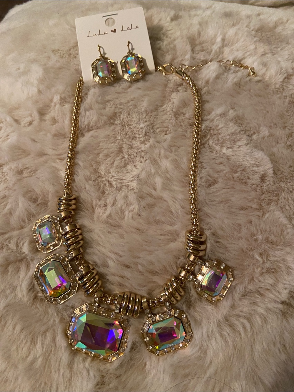 Gold-Tone Necklace with Iridescent Prism Stones